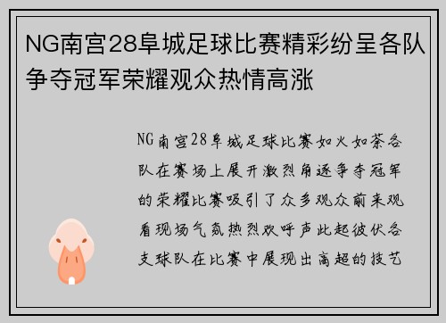 NG南宫28阜城足球比赛精彩纷呈各队争夺冠军荣耀观众热情高涨